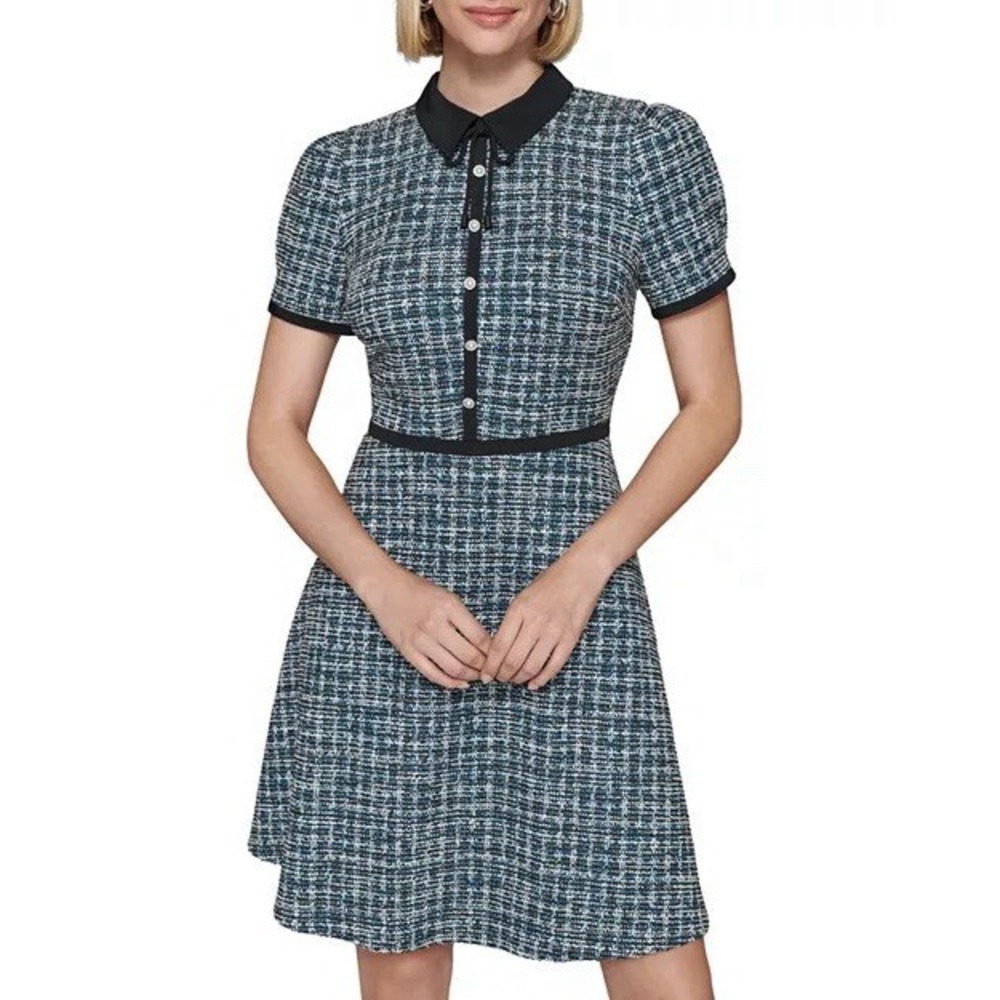 Karl Lagerfeld Paris Women's A‎ Line Black Teal White Tweed Short Dress Sz 14